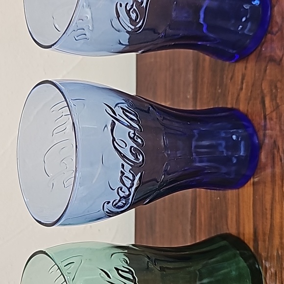 3 colored Coca Cola coke glasses 2 blue 1 green raised logo - Picture 3 of 9